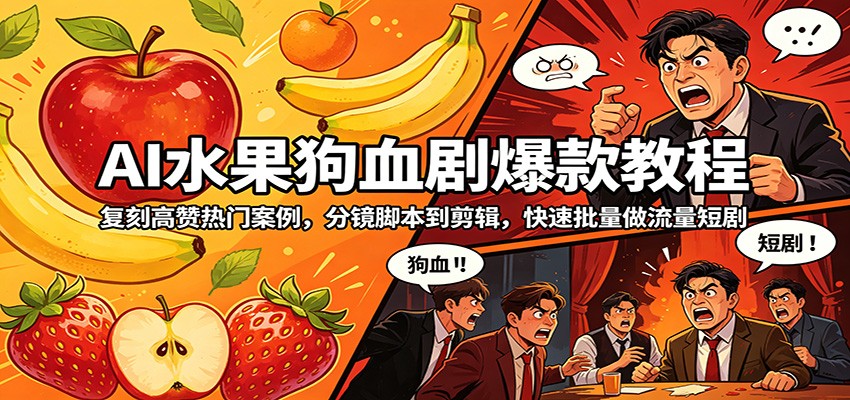 AI水果狗血剧爆款教程：复刻高赞热门案例，分镜脚本到剪辑，快速批量做流量短剧-鸿途网创资源站