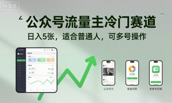 公众号流量主冷门赛道，日入5张，适合普通人，可多号操作-鸿途网创资源站