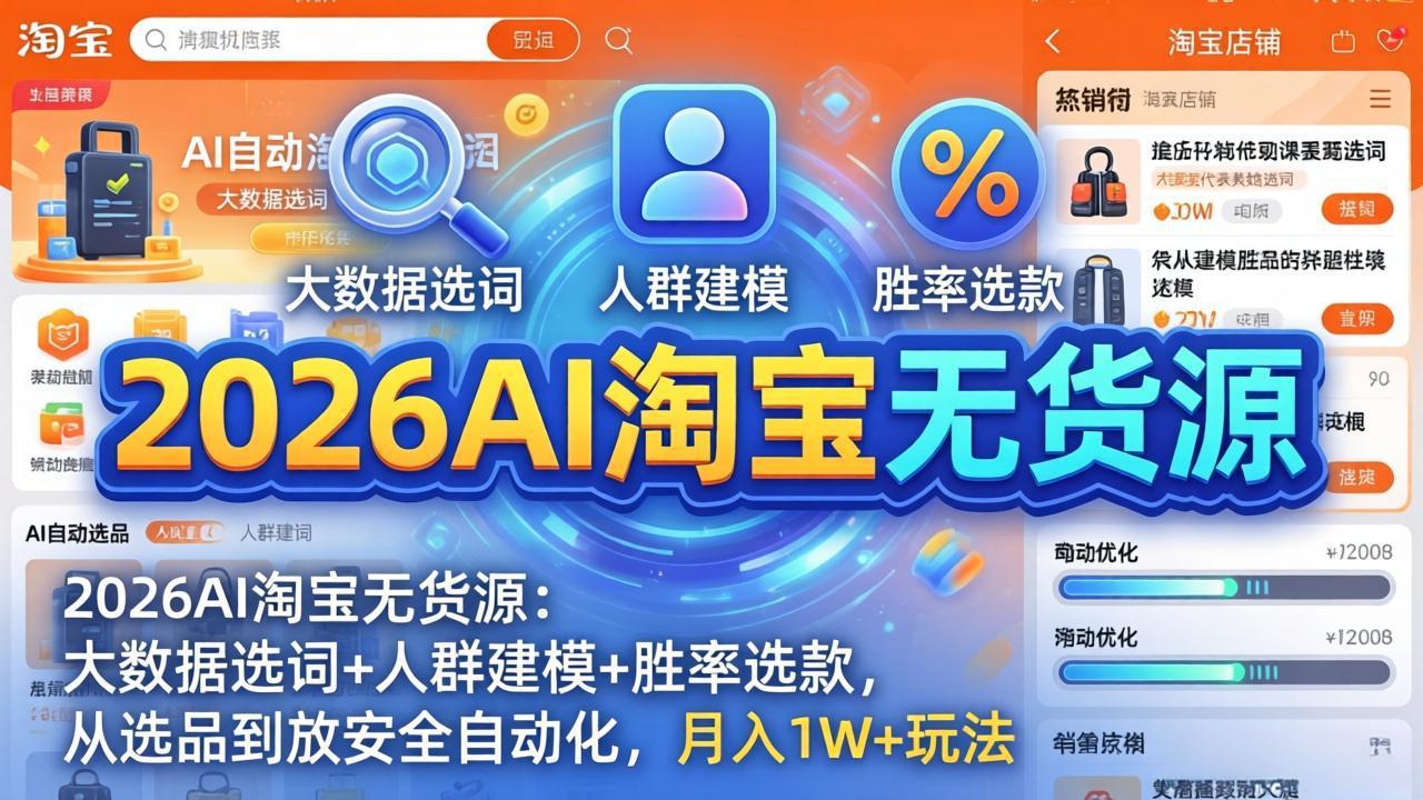 2026AI淘宝无货源-4月更新：大数据选词+人群建模+胜率选款，从选品到放大全自动化，月入1W+玩法-鸿途网创资源站