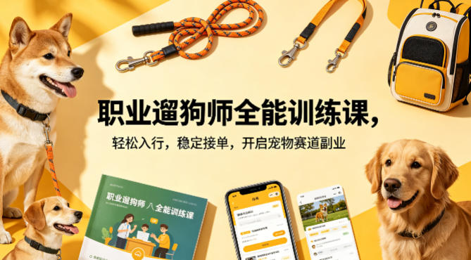 职业遛狗师全能训练课，轻松入行，稳定接单，开启宠物赛道副业-鸿途网创资源站