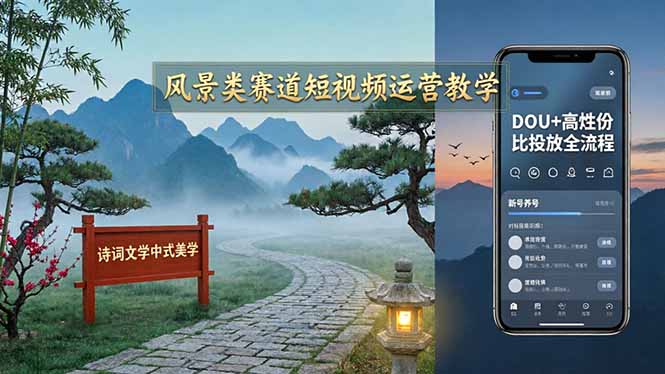 风景类赛道短视频运营教学：诗词文学中式美学，新号养号对标账号定位，DOU+高性价比投放全流程-鸿途网创资源站