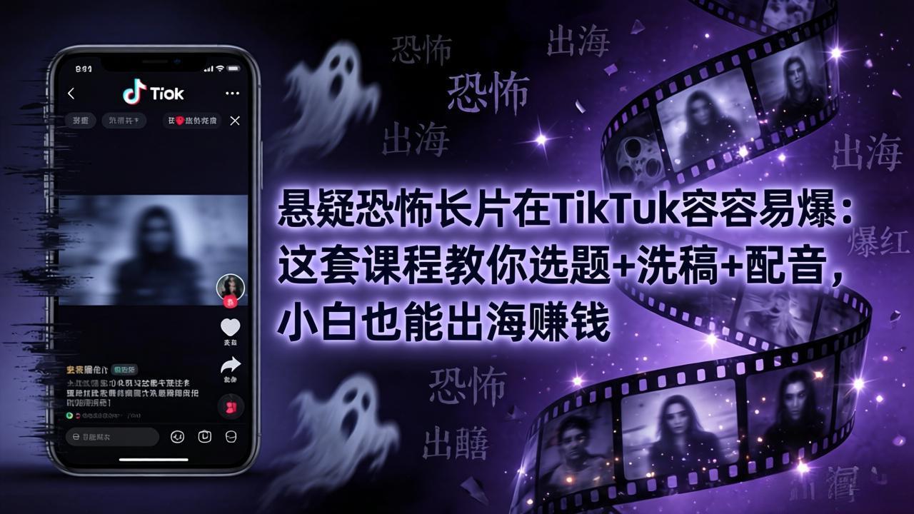 悬疑恐怖长片在TikTok最容易爆：这套课程教你选题+洗稿+配音，小白也能出海赚钱-鸿途网创资源站