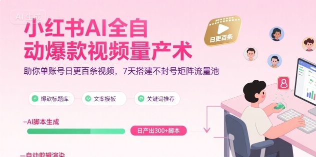 小红书AI全自动爆款视频量产术，助你单账号日更百条视频，7天搭建不封号矩阵流量池(更新9月)-鸿途网创资源站