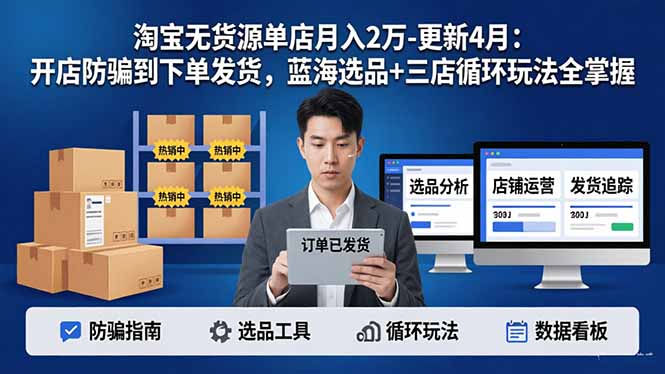 淘宝无货源5.0单店月入2万-更新4月：开店防骗到下单发货，蓝海选品+三店循环玩法全掌握-鸿途网创资源站