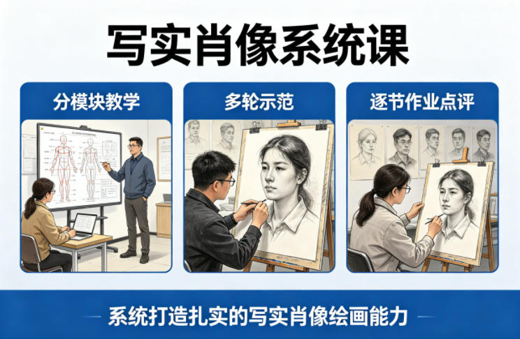 写实肖像系统课，全程分模块教学+多轮示范+逐节作业点评，系统打造扎实的写实肖像绘画能力-鸿途网创资源站