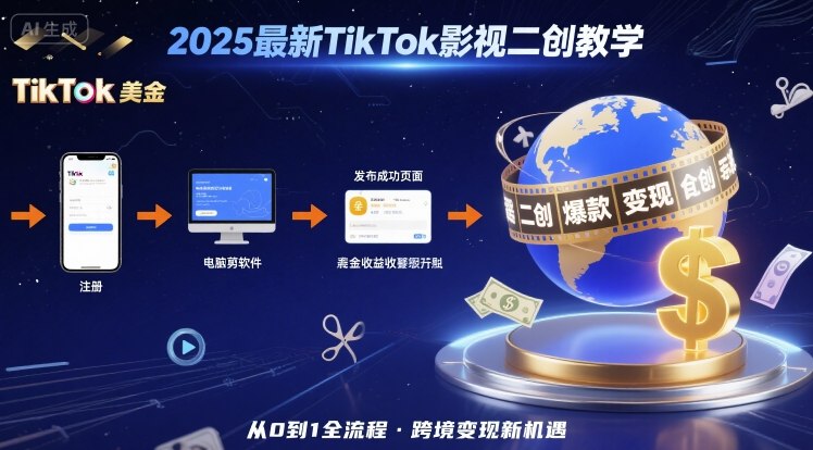 2025年最新TikTok影视二创教学，从注册到发布撸美金全流程，跨境变现新机遇-鸿途网创资源站