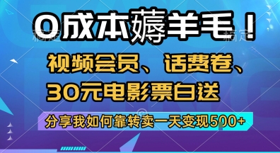 0成本薅羊毛!视频会员、话费卷、30元电影票白送，分享我如何靠转卖一天变现5张+【揭秘】-鸿途网创资源站